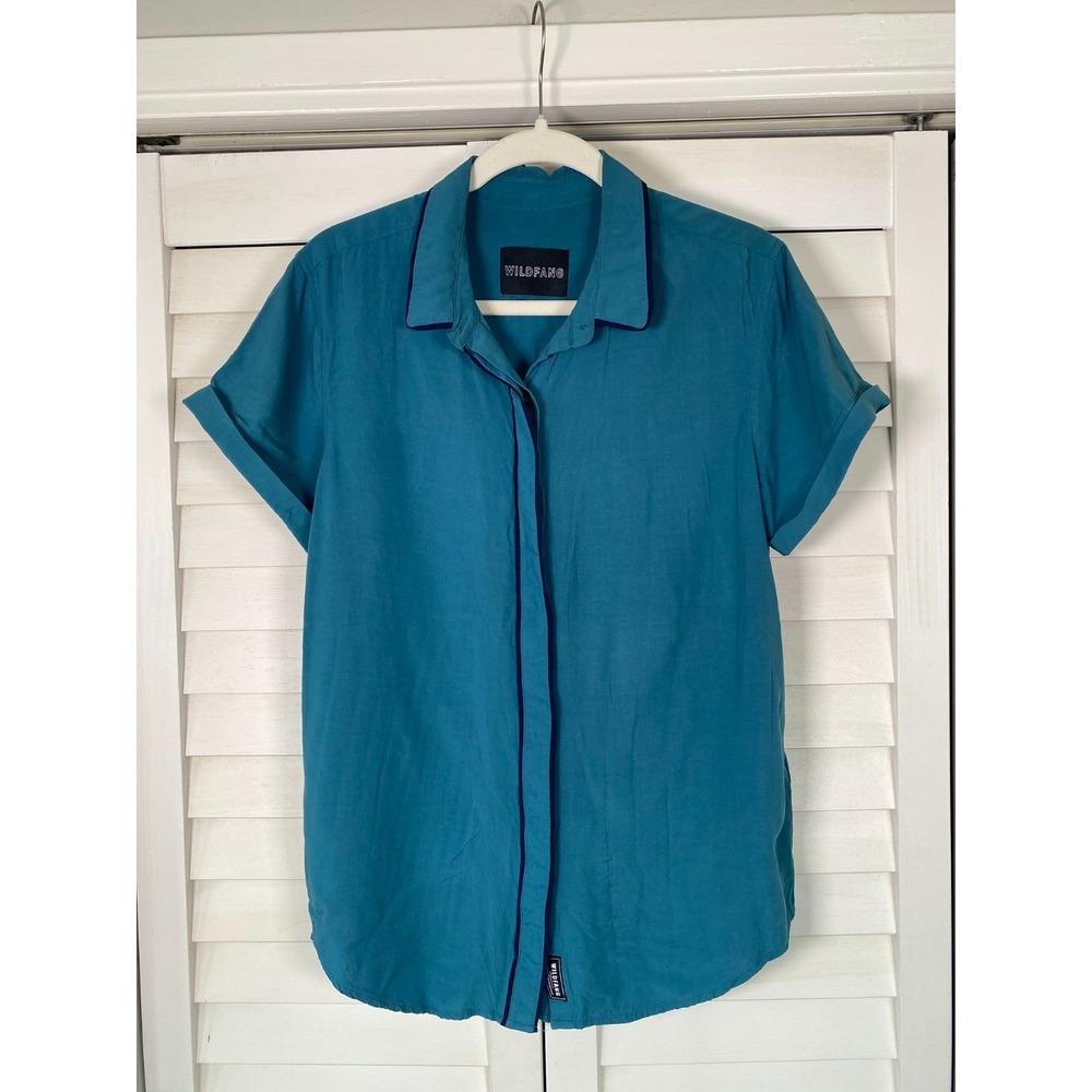 Wildfang The Empower Piped Button Up Women Size S Teal Blue Short Sleeve Rayon